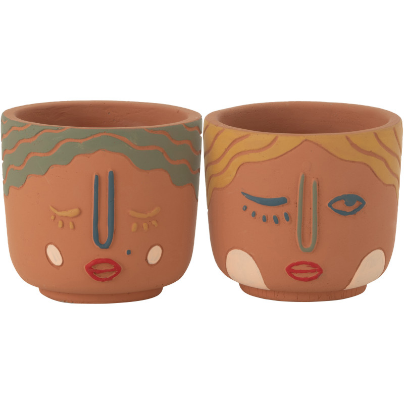Petit Cache pot Visage Rond Diamètre 11 cm en Ciment Terracotta Double (Lot de 2) - 1