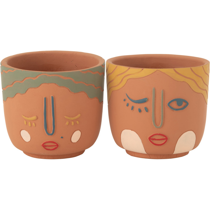 Cache pot Visage Rond Diamètre 14 cm en Ciment Terracotta Double (Lot de 2) - 1