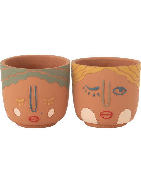 Cache pot Visage Rond Diamètre 14 cm en Ciment Terracotta Double (Lot de 2) - 1