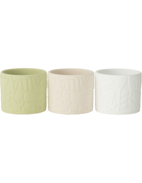 Petit Cache pot moderne Rond Diamètre 12 cm en Terre cuite Vert Beige Blanc Motif fleurs Aloha (Lot de 3) - 1