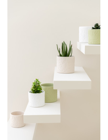 Petit Cache pot moderne Rond Diamètre 12 cm en Terre cuite Vert Beige Blanc Motif fleurs Aloha (Lot de 3) - 2
