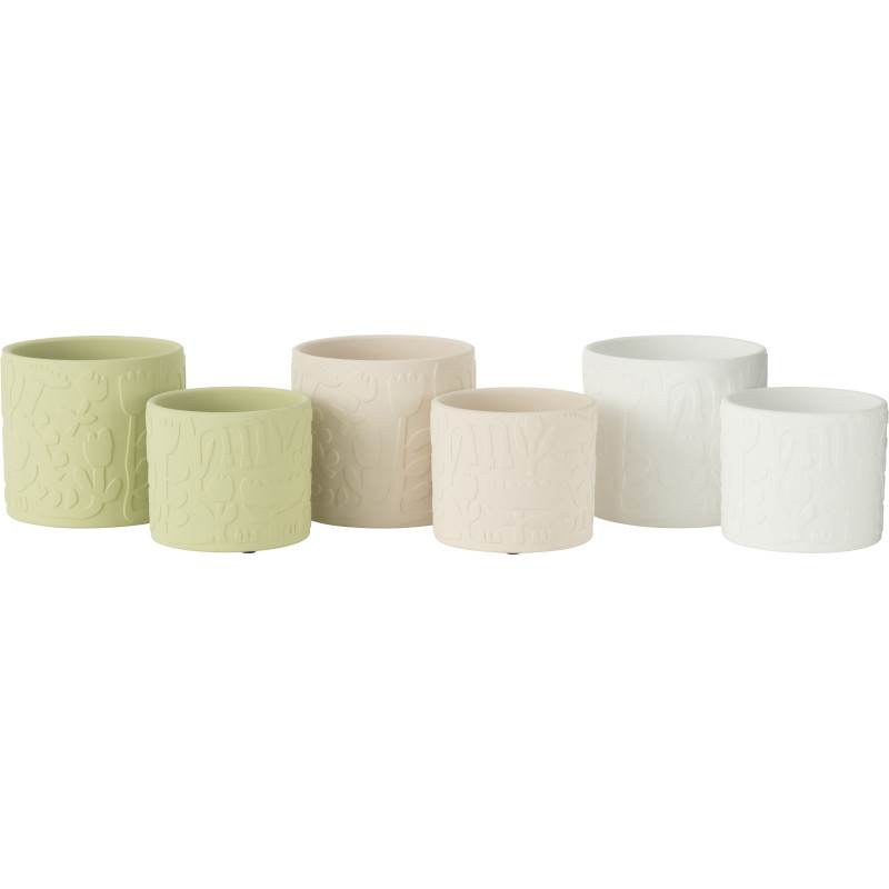Petit Cache pot moderne Rond Diamètre 12 cm en Terre cuite Vert Beige Blanc Motif fleurs Aloha (Lot de 3) - 3