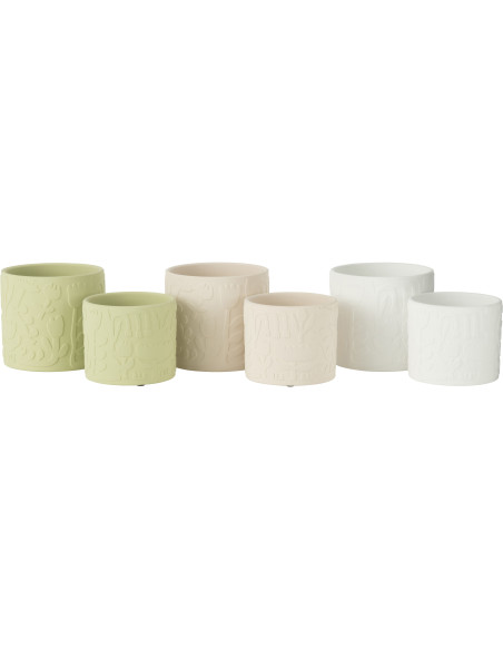 Petit Cache pot moderne Rond Diamètre 12 cm en Terre cuite Vert Beige Blanc Motif fleurs Aloha (Lot de 3) - 3