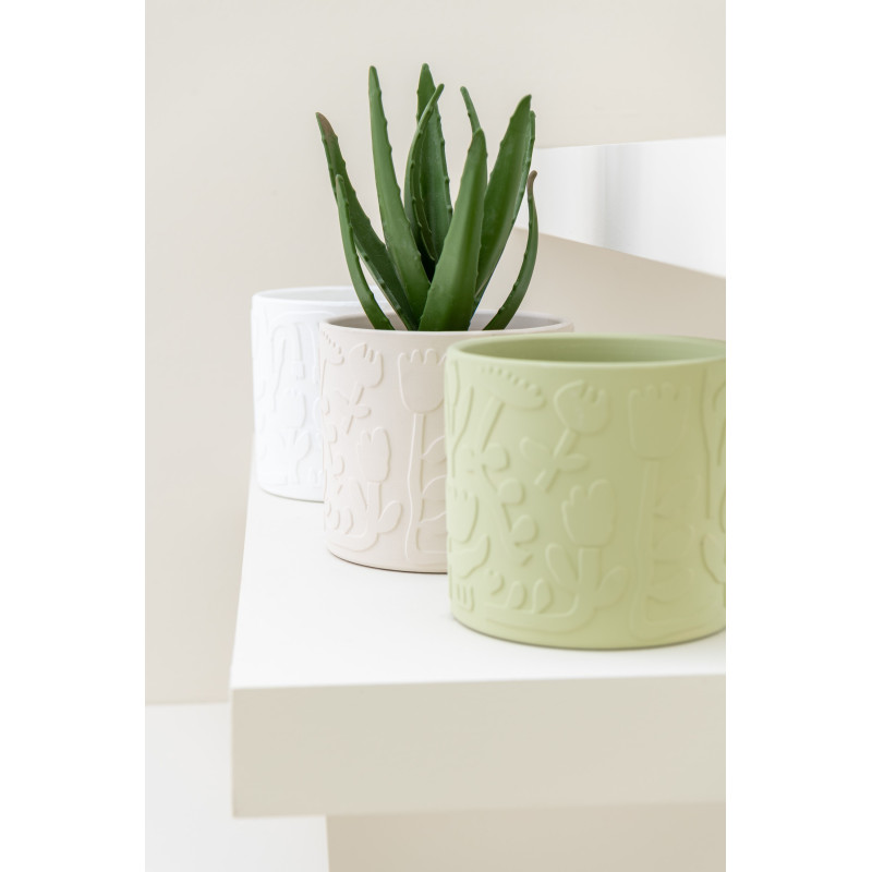 Petit Cache pot moderne Rond Diamètre 12 cm en Terre cuite Vert Beige Blanc Motif fleurs Aloha (Lot de 3) - 4