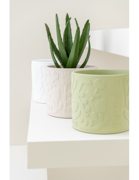 Petit Cache pot moderne Rond Diamètre 12 cm en Terre cuite Vert Beige Blanc Motif fleurs Aloha (Lot de 3) - 4