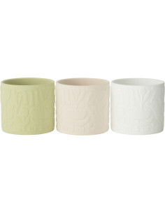 Petit Cache pot moderne Rond Diamètre 13 cm en Terre cuite Vert Beige Blanc Motif fleurs Aloha (Lot de 3) - 1