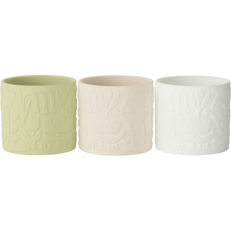 Petit Cache pot moderne Rond Diamètre 13 cm en Terre cuite Vert Beige Blanc Motif fleurs Aloha (Lot de 3) - 1