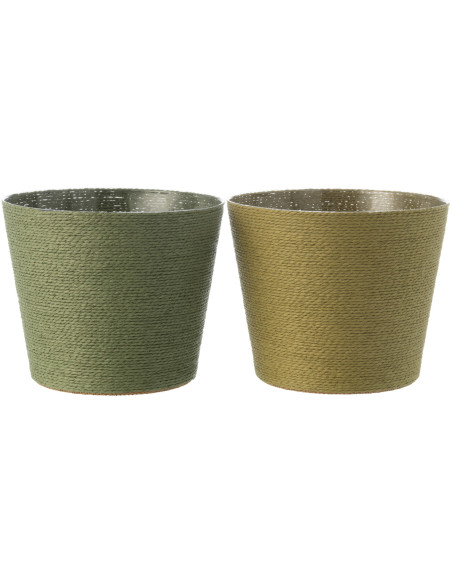 Cache pot bohème Rond Diamètre 21 cm en Papier Plastique Jaune Vert Tressé Orwy (Lot de 2) - 1