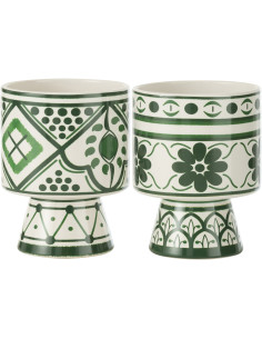 Petit Cache pot sur pied égéen Rond Diamètre 13 cm en Céramique Vert Blanc Rhodes (Lot de 2) - 1