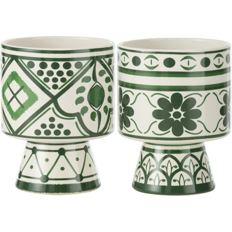 Petit Cache pot sur pied égéen Rond Diamètre 13 cm en Céramique Vert Blanc Rhodes (Lot de 2) - 1