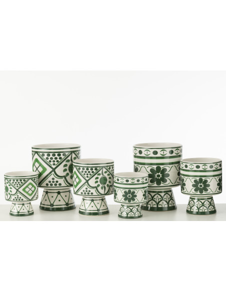 Petit Cache pot sur pied égéen Rond Diamètre 13 cm en Céramique Vert Blanc Rhodes (Lot de 2) - 2