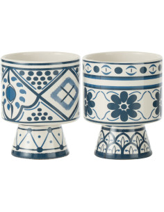 Petit Cache pot sur pied égéen Rond Diamètre 10 cm en Céramique Vert Blanc Mykonos (Lot de 2) - 1