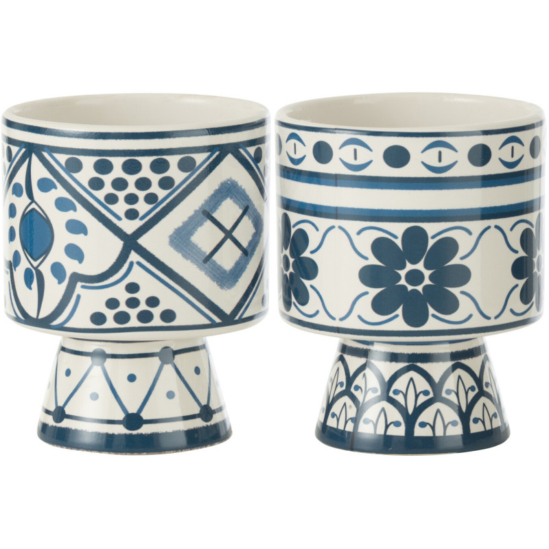 Petit Cache pot sur pied égéen Rond Diamètre 10 cm en Céramique Vert Blanc Mykonos (Lot de 2) - 1