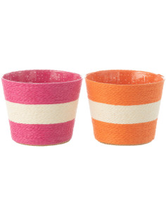 Petit Cache pot bohème Rond Diamètre 13 cm en Papier Plastique Rose Orange Tressé Orwy (Lot de 2) - 1