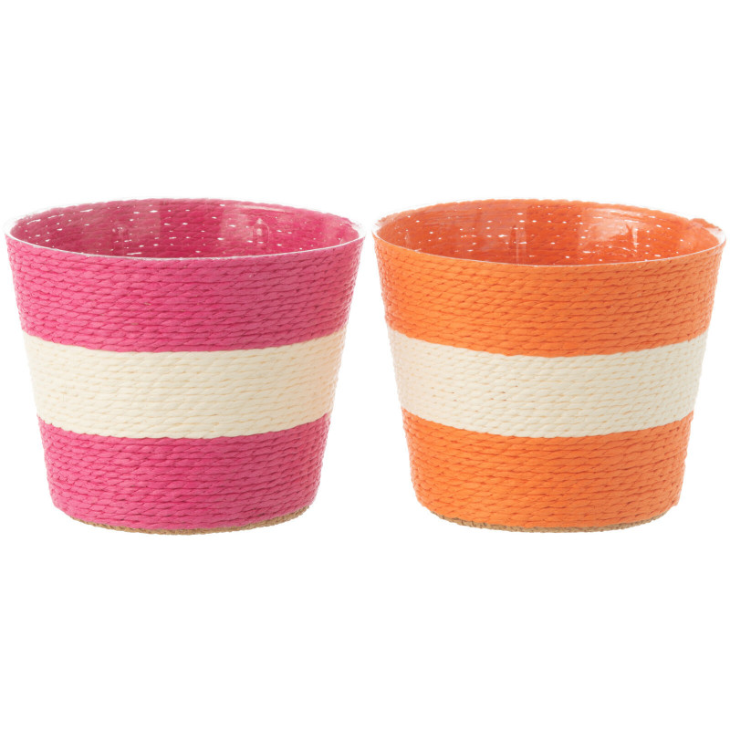 Petit Cache pot bohème Rond Diamètre 13 cm en Papier Plastique Rose Orange Tressé Orwy (Lot de 2) - 1