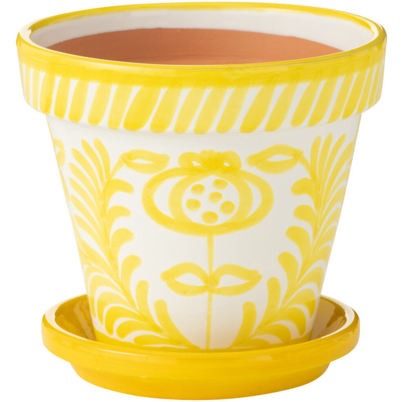 Grand Cache pot original extérieur Rond Diamètre 27 cm en Céramique Jaune Blanc Motif fleur Granada - 1