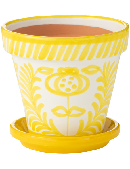 Grand Cache pot original extérieur Rond Diamètre 27 cm en Céramique Jaune Blanc Motif fleur Granada - 1