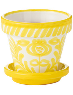 Petit Cache pot original extérieur Rond Diamètre 17 cm en Céramique Jaune Blanc Motif fleur Granada - 1