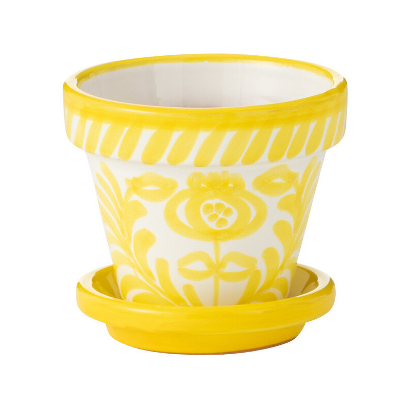 Petit Cache pot original extérieur Rond Diamètre 17 cm en Céramique Jaune Blanc Motif fleur Granada - 1