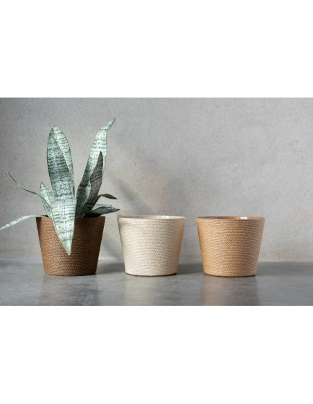 Petit Cache pot original extérieur Rond Diamètre 17 cm en Céramique Jaune Blanc Motif fleur Granada - 2