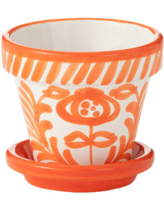 Petit Cache pot original extérieur Rond Diamètre 17 cm en Céramique Orange Blanc Motif fleur Granada - 1