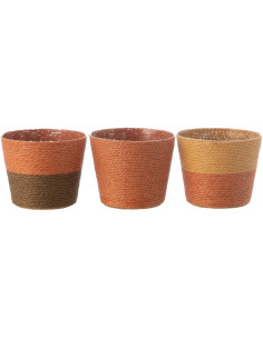 Petit Cache pot bohème Rond Diamètre 11 cm en Papier Plastique Terracotta Ocre jaune Marron Tressé Orwy (Lot de 3) - 1