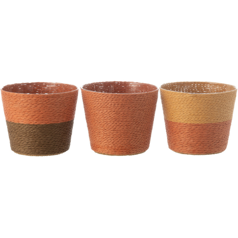 Petit Cache pot bohème Rond Diamètre 11 cm en Papier Plastique Terracotta Ocre jaune Marron Tressé Orwy (Lot de 3) - 1