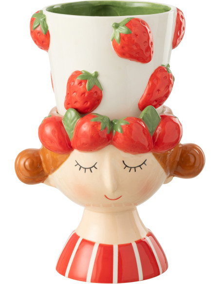 Cache pot sur pied Fille Fraises Rond Hauteur 30 cm en Dolomite Rouge Blanc Fruity - 1