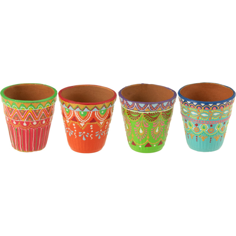 Petit Cache pot originale indien Rond Diamètre 5 cm en Terre cuite Rouge Orange Vert Bleu Motif fleurs Mumbai (Lot de 4) - 1