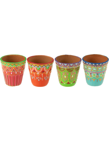 Petit Cache pot originale indien Rond Diamètre 5 cm en Terre cuite Rouge Orange Vert Bleu Motif fleurs Mumbai (Lot de 4) - 1