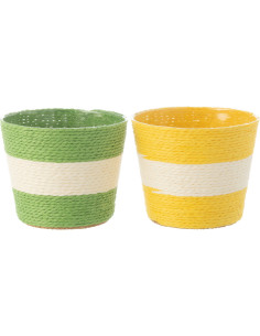 Petit Cache pot bohème Rond Diamètre 11 cm en Papier Plastique Jaune Vert Tressé Orwy (Lot de 2) - 1