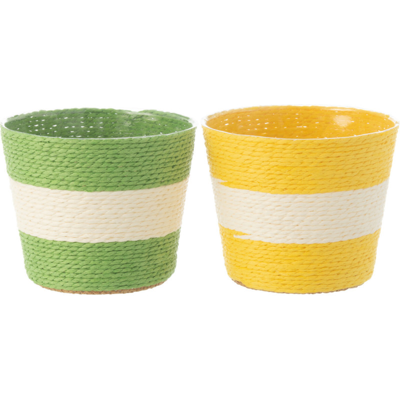 Petit Cache pot bohème Rond Diamètre 11 cm en Papier Plastique Jaune Vert Tressé Orwy (Lot de 2) - 1