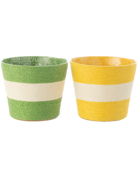 Petit Cache pot bohème Rond Diamètre 15 cm en Papier Plastique Jaune Vert Tressé Orwy (Lot de 2) - 1