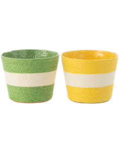 Petit Cache pot bohème Rond Diamètre 13 cm en Papier Plastique Jaune Vert Tressé Orwy (Lot de 2) - 1