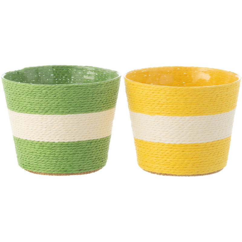 Petit Cache pot bohème Rond Diamètre 13 cm en Papier Plastique Jaune Vert Tressé Orwy (Lot de 2) - 1