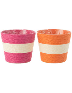 Petit Cache pot bohème Rond Diamètre 15 cm en Papier Plastique Rose Orange Tressé Orwy (Lot de 2) - 1
