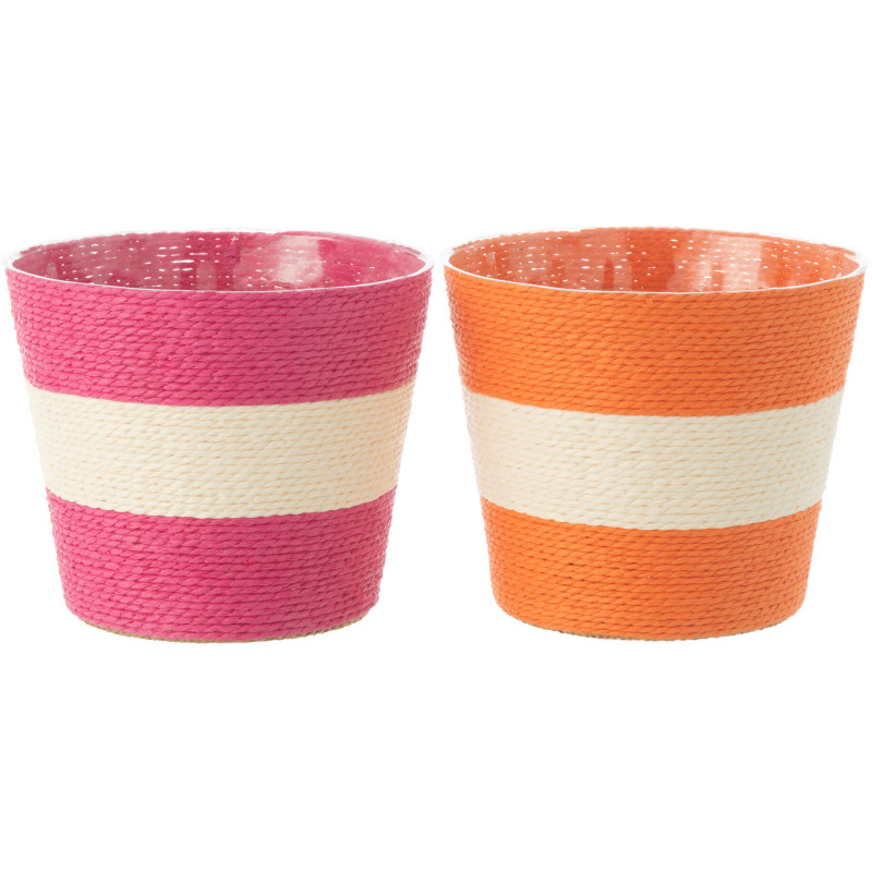 Petit Cache pot bohème Rond Diamètre 15 cm en Papier Plastique Rose Orange Tressé Orwy (Lot de 2) - 1