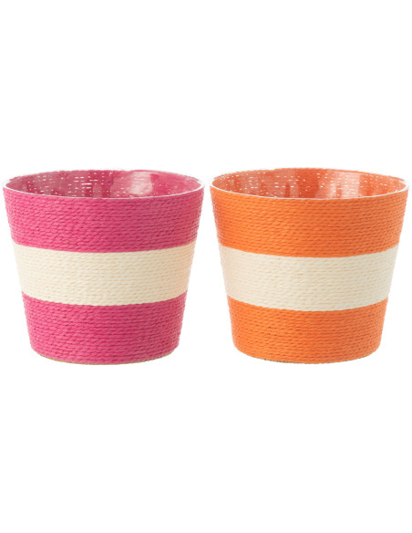 Petit Cache pot bohème Rond Diamètre 15 cm en Papier Plastique Rose Orange Tressé Orwy (Lot de 2) - 1