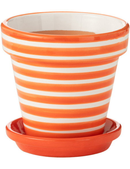 Cache pot original extérieur Rond Diamètre 21 cm en Céramique Orange Blanc Motif lignes Granada - 1