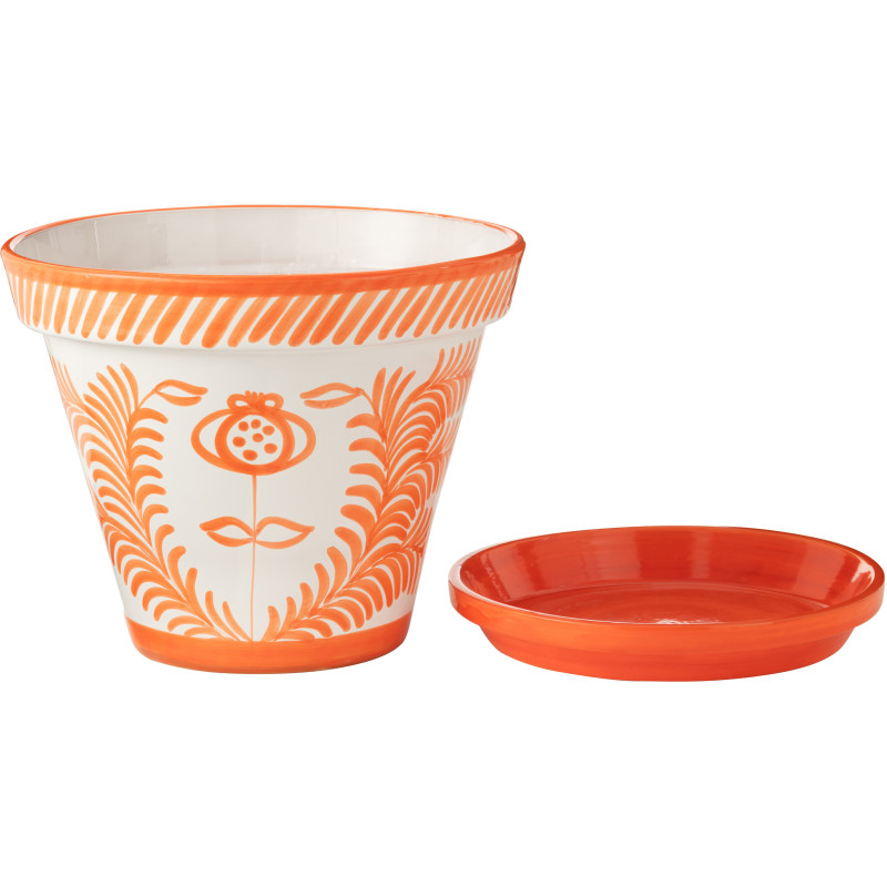 Cache pot original extérieur Rond Diamètre 21 cm en Céramique Orange Blanc Motif lignes Granada - 2