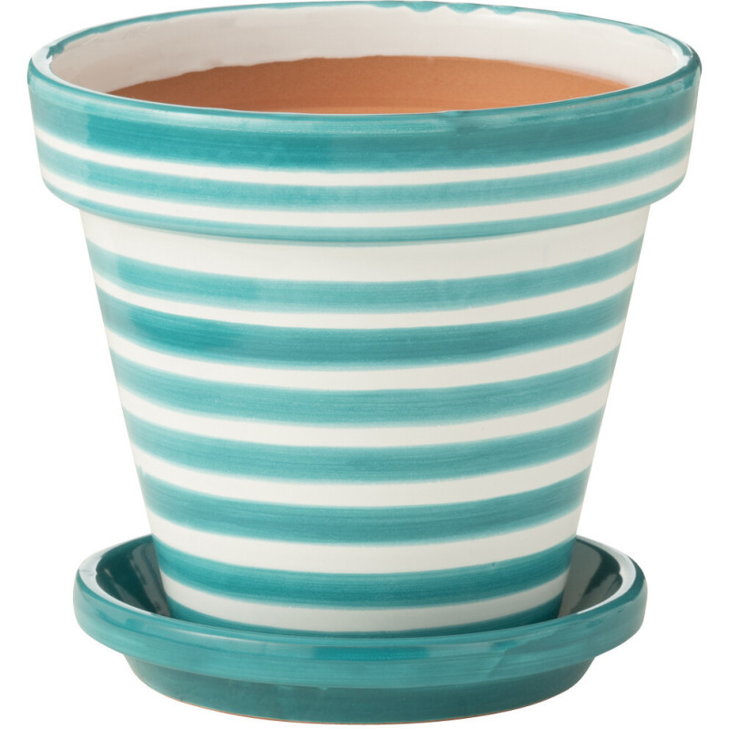 Grand Cache pot original extérieur Rond Diamètre 27 cm en Céramique Bleu aqua Blanc Motif lignes Granada - 1