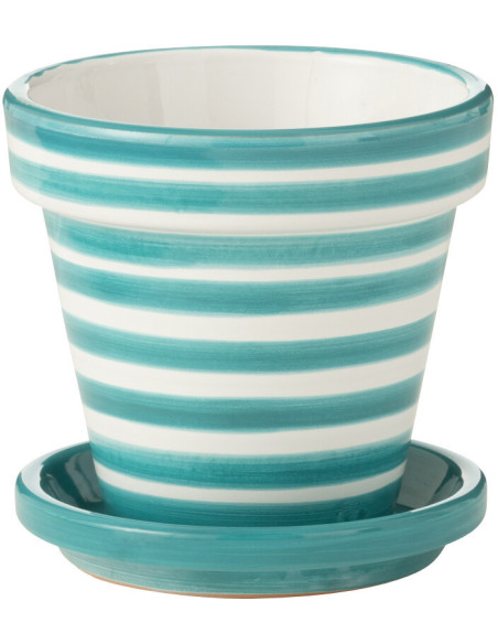 Cache pot original extérieur Rond Diamètre 21 cm en Céramique Bleu aqua Blanc Motif lignes Granada - 1