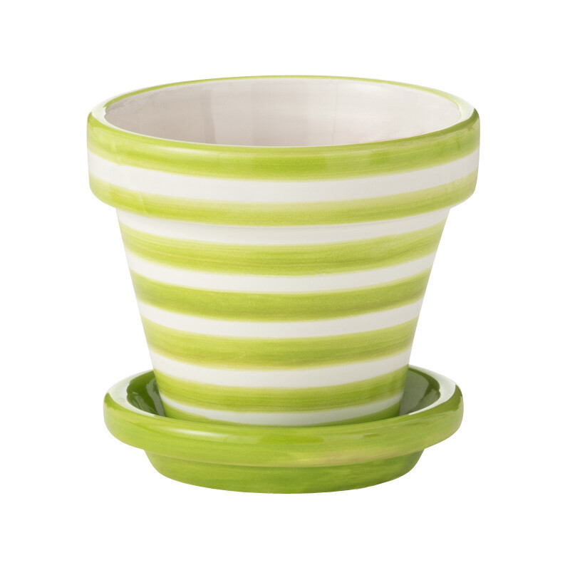 Petit Cache pot original extérieur Rond Diamètre 17 cm en Céramique Vert Blanc Motif lignes Granada - 1