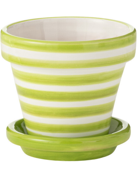 Petit Cache pot original extérieur Rond Diamètre 17 cm en Céramique Vert Blanc Motif lignes Granada - 1