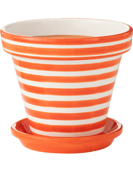 Grand Cache pot original extérieur Rond Diamètre 35 cm en Céramique Orange Blanc Motif lignes Granada - 1