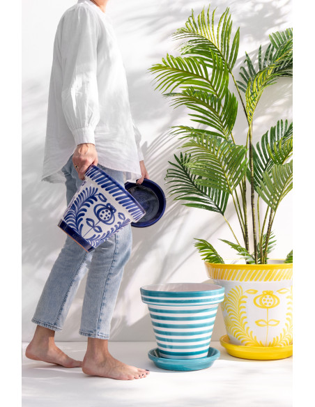 Grand Cache pot original extérieur Rond Diamètre 35 cm en Céramique Orange Blanc Motif lignes Granada - 2