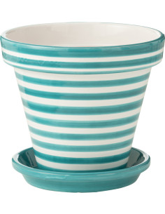 Grand Cache pot original extérieur Rond Diamètre 35 cm en Céramique Bleu aqua Blanc Motif lignes Granada - 1