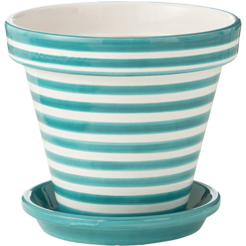 Grand Cache pot original extérieur Rond Diamètre 35 cm en Céramique Bleu aqua Blanc Motif lignes Granada - 1