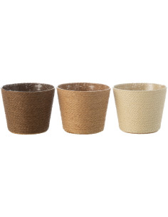 Petit Cache pot bohème Rond Diamètre 11 cm en Papier Plastique Blanc crème Naturel Marron Tressé Orwy (Lot de 3) - 1