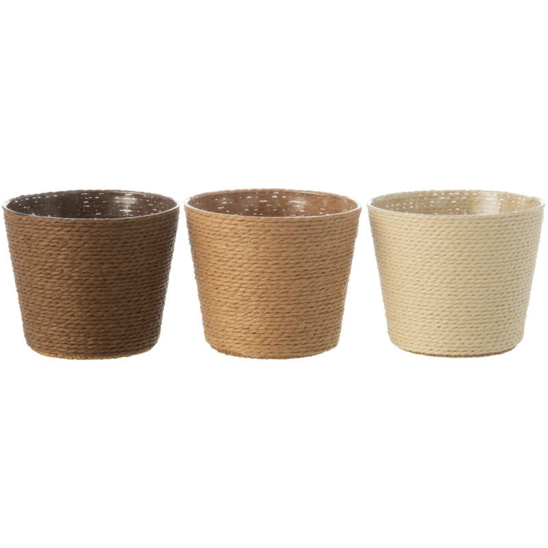 Petit Cache pot bohème Rond Diamètre 11 cm en Papier Plastique Blanc crème Naturel Marron Tressé Orwy (Lot de 3) - 1